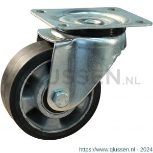 Protempo serie 10-11 zwenk transportwiel plaatbevestiging stalen gaffel wiel aluminium velg zwarte elastische rubberen band ± 68 shore A 125 mm kogellager 210.126.116.050