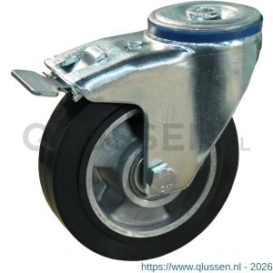 Protempo serie 10-12 zwenk transportwiel boutgat dubbele rem naloop stalen gaffel aluminium velg zwarte elastische rubberen band ± 68 shore A 125 mm kogellager 210.126.120.500