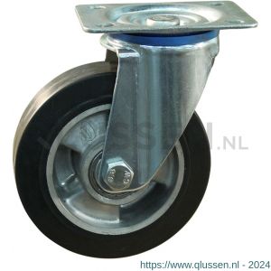 Protempo serie 10-12 zwenk transportwiel plaatbevestiging stalen gaffel wiel aluminium velg zwarte elastische rubberen band ± 68 shore A 125 mm kogellager 210.126.126.050