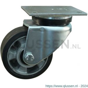 Protempo serie 10-14 zwenk transportwiel plaatbevestiging stalen gaffel wiel aluminium velg zwarte elastische rubberen band ± 68 shore A 125 mm kogellager 210.126.146.050