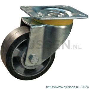 Protempo serie 10-16 zwenk transportwiel plaatbevestiging stalen gaffel wiel aluminium velg zwarte elastische rubberen band ± 68 shore A 125 mm kogellager 210.126.166.050