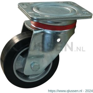 Protempo serie 10-17 zwenk transportwiel plaatbevestiging stalen gaffel wiel aluminium velg zwarte elastische rubberen band ± 68 shore A 125 mm kogellager 210.126.176.040