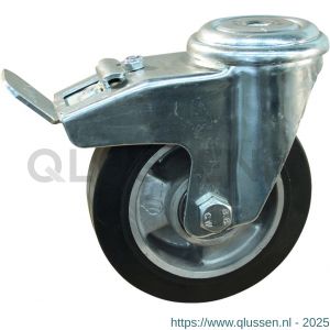 Protempo serie 10-91 zwenk transportwiel boutgat dubbele rem naloop stalen gaffel aluminium velg zwarte elastische rubberen band ± 68 shore A 125 mm kogellager 210.126.910.540