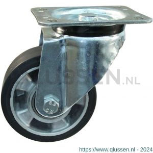 Protempo serie 10-91 zwenk transportwiel plaatbevestiging stalen gaffel wiel aluminium velg zwarte elastische rubberen band ± 68 shore A 125 mm kogellager 210.126.916.050