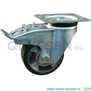 Protempo serie 10-91 zwenk transportwiel plaatbevestiging dubbele rem naloop en stalen gaffel aluminium velg zwarte elastische rubberen band ± 68 shore A 125 mm kogellager 210.126.916.550