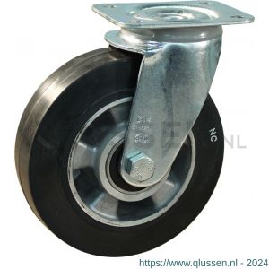 Protempo serie 10-11 zwenk transportwiel plaatbevestiging stalen gaffel wiel aluminium velg zwarte elastische rubberen band ± 68 shore A 160 mm kogellager 210.166.116.100