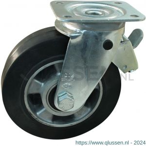 Protempo serie 10-11 zwenk transportwiel plaatbevestiging dubbele rem licht stalen gaffel aluminium velg zwarte elastische rubberen band ± 68 shore A 160 mm kogellager 210.166.116.400