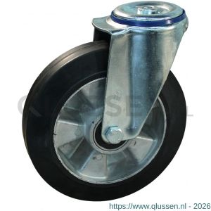 Protempo serie 10-12 zwenk transportwiel boutgat stalen gaffel wiel aluminium velg zwarte elastische rubberen band ± 68 shore A 160 mm kogellager 210.166.120.000