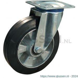 Protempo serie 10-12 zwenk transportwiel plaatbevestiging stalen gaffel wiel aluminium velg zwarte elastische rubberen band ± 68 shore A 160 mm kogellager 210.166.126.000