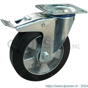 Protempo serie 10-12 zwenk transportwiel plaatbevestiging dubbele rem naloop en stalen gaffel aluminium velg zwarte elastische rubberen band ± 68 shore A 160 mm kogellager 210.166.126.500