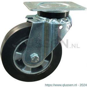 Protempo serie 10-14 zwenk transportwiel plaatbevestiging stalen gaffel wiel aluminium velg zwarte elastische rubberen band ± 68 shore A 160 mm kogellager 210.166.146.050