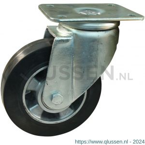 Protempo serie 10-19 zwenk transportwiel plaatbevestiging stalen gaffel wiel aluminium velg zwarte elastische rubberen band ± 68 shore A 160 mm kogellager 210.166.196.000