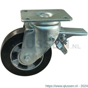 Protempo serie 10-19 zwenk transportwiel plaatbevestiging dubbele rem voorloop en stalen gaffel aluminium velg zwarte elastische rubberen band ± 68 shore A 160 mm kogellager 210.166.196.300