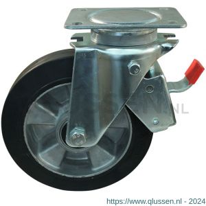 Protempo serie 10-14 zwenk transportwiel plaatbevestiging enkele rem stalen gaffel aluminium velg zwarte elastische rubberen band ± 68 shore A 180 mm kogellager 210.186.146.650