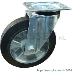 Protempo serie 10-91 zwenk transportwiel plaatbevestiging stalen gaffel wiel aluminium velg zwarte elastische rubberen band ± 68 shore A 180 mm kogellager 210.186.916.000