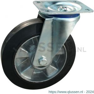 Protempo serie 10-15 zwenk transportwiel plaatbevestiging stalen gaffel wiel aluminium velg zwarte elastische rubberen band ± 68 shore A 200 mm kogellager 210.206.156.050