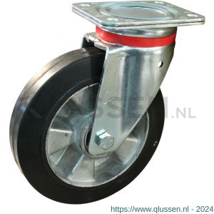 Protempo serie 10-17 zwenk transportwiel plaatbevestiging stalen gaffel wiel aluminium velg zwarte elastische rubberen band ± 68 shore A 200 mm kogellager 210.206.176.050