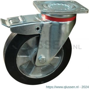 Protempo serie 10-17 zwenk transportwiel plaatbevestiging dubbele rem naloop en stalen gaffel aluminium velg zwarte elastische rubberen band ± 68 shore A 200 mm kogellager 210.206.176.550