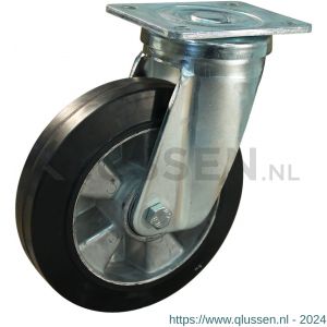 Protempo serie 10-18 zwenk transportwiel plaatbevestiging stalen gaffel wiel aluminium velg zwarte elastische rubberen band ± 68 shore A 200 mm kogellager 210.206.186.000