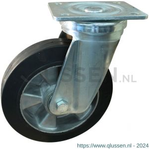 Protempo serie 10-18 zwenk transportwiel plaatbevestiging stalen gaffel wiel aluminium velg zwarte elastische rubberen band ± 68 shore A 200 mm kogellager 210.206.186.001