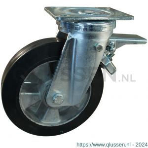 Protempo serie 10-18 zwenk transportwiel plaatbevestiging dubbele rem voorloop en stalen gaffel aluminium velg zwarte elastische rubberen band ± 68 shore A 200 mm kogellager 210.206.186.300