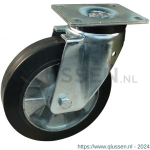 Protempo serie 10-19 zwenk transportwiel plaatbevestiging stalen gaffel wiel aluminium velg zwarte elastische rubberen band ± 68 shore A 200 mm kogellager 210.206.196.000