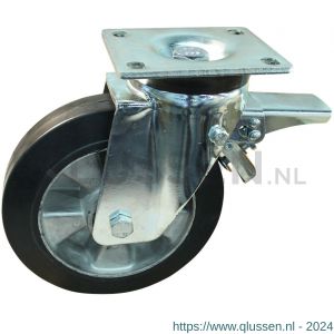 Protempo serie 10-19 zwenk transportwiel plaatbevestiging dubbele rem voorloop en stalen gaffel aluminium velg zwarte elastische rubberen band ± 68 shore A 200 mm kogellager 210.206.196.300