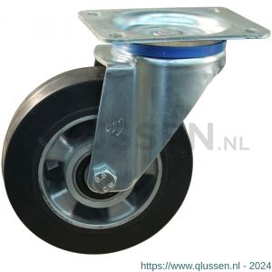 Protempo serie 10-12 zwenk transportwiel plaatbevestiging stalen gaffel wiel aluminium velg zwarte elastische rubberen band ± 68 shore A 230 mm kogellager 210.236.126.050