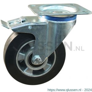 Protempo serie 10-12 zwenk transportwiel plaatbevestiging dubbele rem voorloop en stalen gaffel aluminium velg zwarte elastische rubberen band ± 68 shore A 230 mm kogellager 210.236.126.350