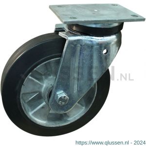 Protempo serie 10-14 zwenk transportwiel plaatbevestiging stalen gaffel wiel aluminium velg zwarte elastische rubberen band ± 68 shore A 230 mm kogellager 210.236.146.050