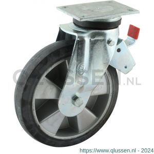 Protempo serie 10-14 zwenk transportwiel plaatbevestiging enkele rem stalen gaffel aluminium velg zwarte elastische rubberen band ± 68 shore A 230 mm kogellager 210.236.146.650