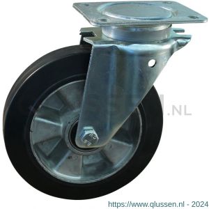 Protempo serie 10-14 zwenk transportwiel plaatbevestiging stalen gaffel wiel aluminium velg zwarte elastische rubberen band ± 68 shore A 250 mm kogellager 210.256.146.050