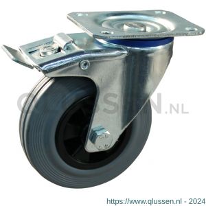 Protempo serie 11-12 zwenk transportwiel plaatbevestiging dubbele rem naloop stalen gaffel PP velg standaard grijze rubberen band 80 mm glijlager 211.081.126.500