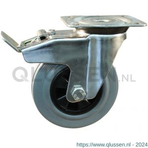 Protempo serie 11-31 zwenk transportwiel plaatbevestiging dubbele rem naloop RVS gaffel PP velg standaard grijze rubberen band 80 mm glijlager 211.081.316.500