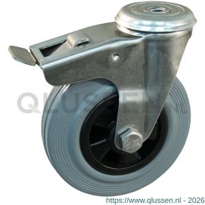 Protempo serie 11-30 zwenk transportwiel boutgat dubbele rem naloop RVS gaffel PP velg standaard grijze rubberen band 80 mm rollager RVS 211.089.300.512