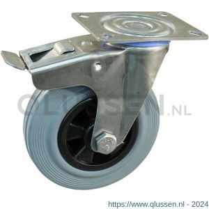 Protempo serie 11-30 zwenk transportwiel plaatbevestiging dubbele rem naloop RVS gaffel PP velg standaard grijze rubberen band 100 mm glijlager 211.101.306.500