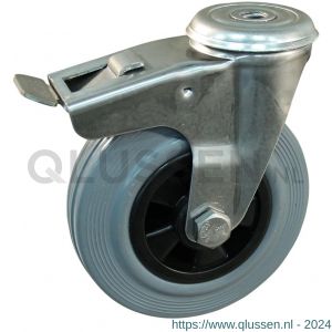 Protempo serie 11-30 zwenk transportwiel boutgat dubbele rem naloop RVS gaffel PP velg standaard grijze rubberen band 100 mm rollager RVS 211.109.300.512