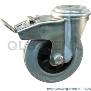 Protempo serie 11-31 zwenk transportwiel boutgat dubbele rem naloop RVS gaffel PP velg standaard grijze rubberen band 100 mm rollager RVS 211.109.310.512