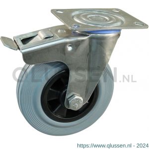 Protempo serie 11-30 zwenk transportwiel plaatbevestiging dubbele rem naloop RVS gaffel PP velg standaard grijze rubberen band 125 mm glijlager 211.121.306.500