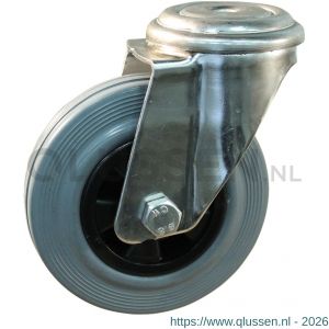 Protempo serie 11-31 zwenk transportwiel boutgat RVS gaffel PP velg standaard grijze rubberen band 125 mm glijlager 211.121.310.012