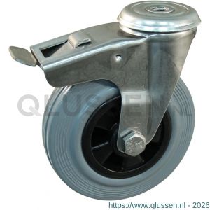 Protempo serie 11-30 zwenk transportwiel boutgat dubbele rem naloop RVS gaffel PP velg standaard grijze rubberen band 125 mm rollager RVS 211.129.300.512