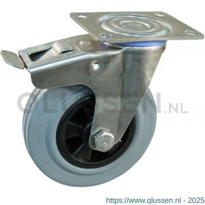 Protempo serie 11-30 zwenk transportwiel plaatbevestiging dubbele rem naloop RVS gaffel PP velg standaard grijze rubberen band 125 mm rollager RVS 211.129.306.500