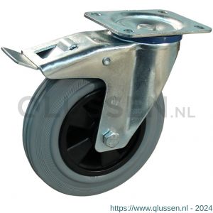 Protempo serie 11-12 zwenk transportwiel plaatbevestiging dubbele rem naloop stalen gaffel PP velg standaard grijze rubberen band 160 mm glijlager 211.161.126.500