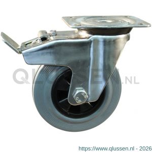 Protempo serie 11-31 zwenk transportwiel plaatbevestiging dubbele rem naloop RVS gaffel PP velg standaard grijze rubberen band 160 mm glijlager 211.161.316.500