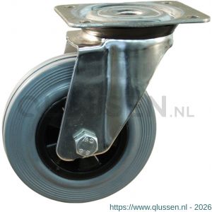 Protempo serie 11-31 zwenk transportwiel met plaatbevestiging met RVS gaffel met PP velg standaard grijze rubberen band 160 mm rollager RVS 211.169.316.000