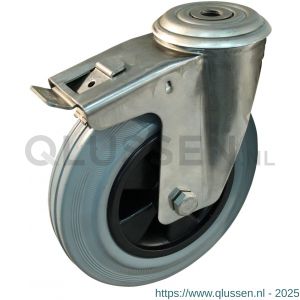 Protempo serie 11-30 zwenk transportwiel boutgat dubbele rem naloop RVS gaffel PP velg standaard grijze rubberen band 200 mm glijlager 211.201.300.516