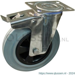 Protempo serie 11-30 zwenk transportwiel plaatbevestiging dubbele rem naloop RVS gaffel PP velg standaard grijze rubberen band 200 mm rollager RVS 211.209.306.500