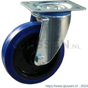 Protempo serie 13-12 zwenk transportwiel plaatbevestiging stalen gaffel zwarte PA velg blauwe elastische rubberen band ± 70 shore A 80 mm rollager 213.082.126.000