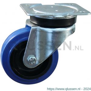 Protempo serie 13-14 zwenk transportwiel plaatbevestiging stalen gaffel zwarte PA velg blauwe elastische rubberen band ± 70 shore A 100 mm rollager 213.102.146.000