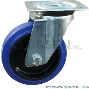 Protempo serie 13-91 zwenk transportwiel plaatbevestiging stalen gaffel zwarte PA velg blauwe elastische rubberen band ± 70 shore A 100 mm rollager 213.102.916.000